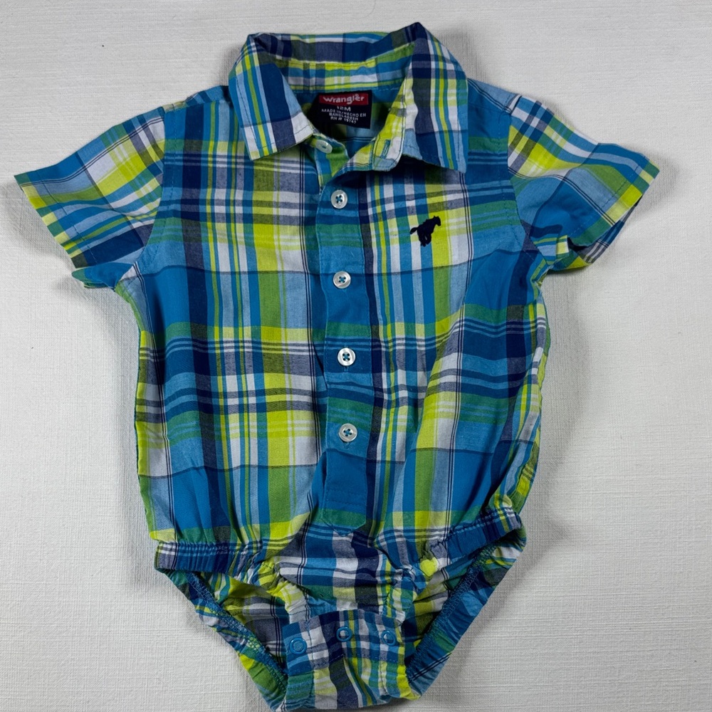 Wrangler‎ Blue & Lime Plaid Button-Up Baby Onesie